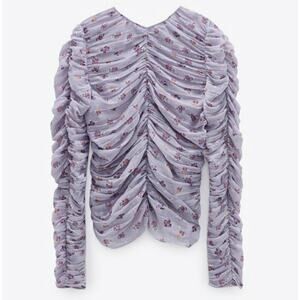 Zara Mauve Printed Ruched Blouse Purple Floral Small NWT
